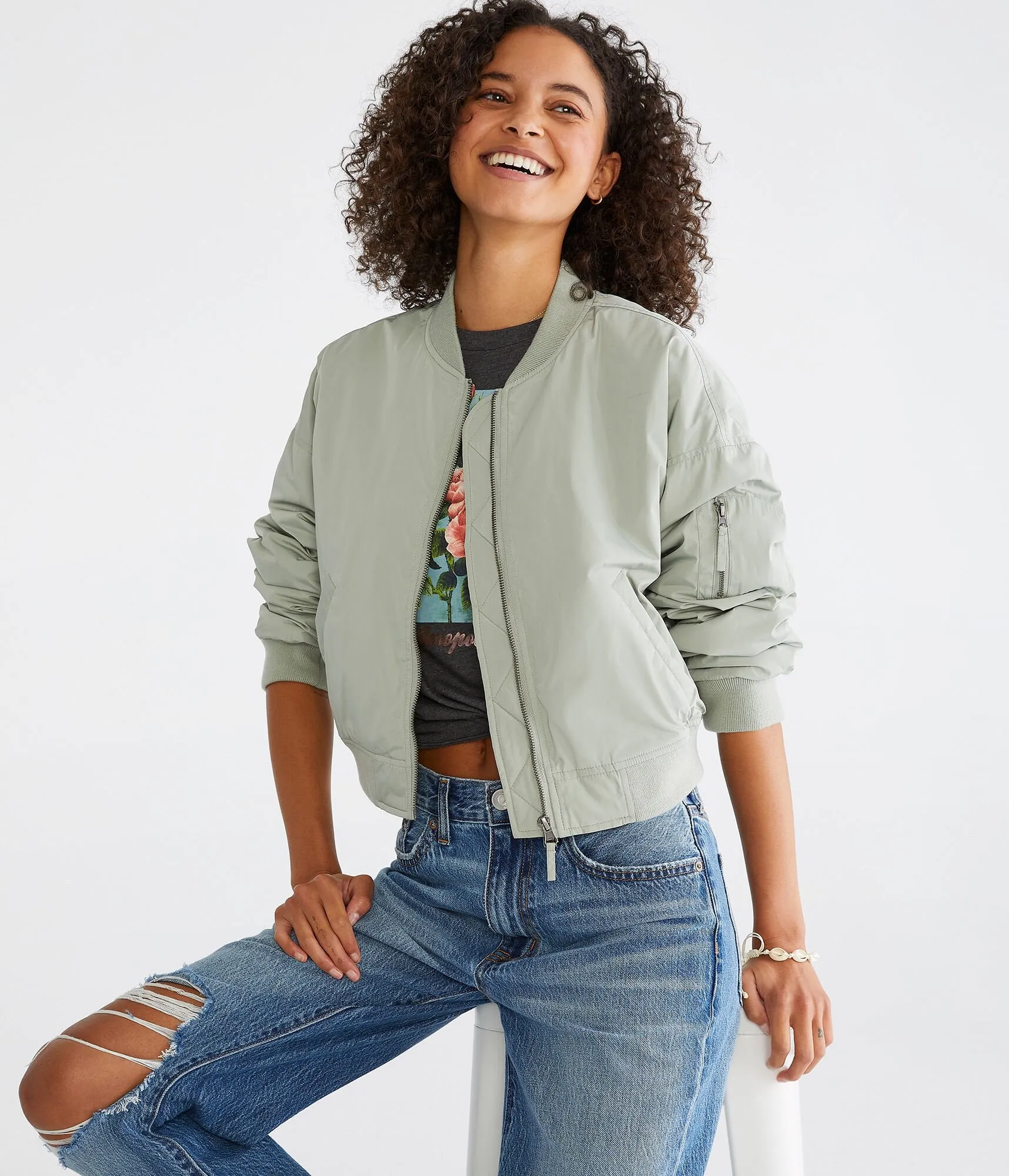 Aeropostale Damen Cropped Bomberjacke in Uni - Grün - Größe L - Polyester - Teen Mode & Bekleidung Everglade Olive Aeropostale