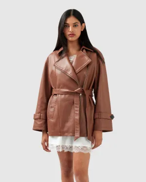 BFF Gürtel-Lederjacke - Braun