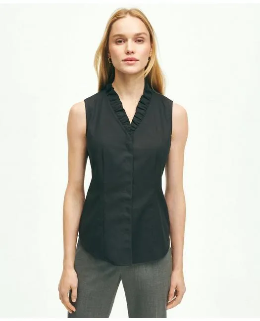 Brooks Brothers Damenfigurbetontes Bügelfreies Stretch-Supima-Baumwoll-Rüschenhemd Schwarz Brooks Brothers