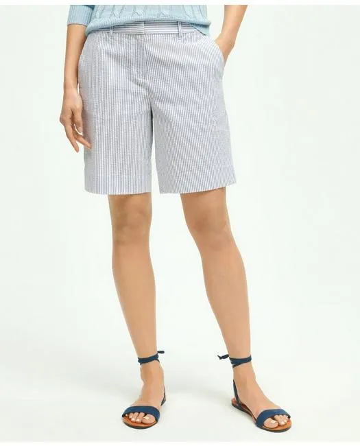 Brooks Brothers Damen Stretch-Baumwoll-Seersucker-Shorts Blau/Elfenbein Brooks Brothers