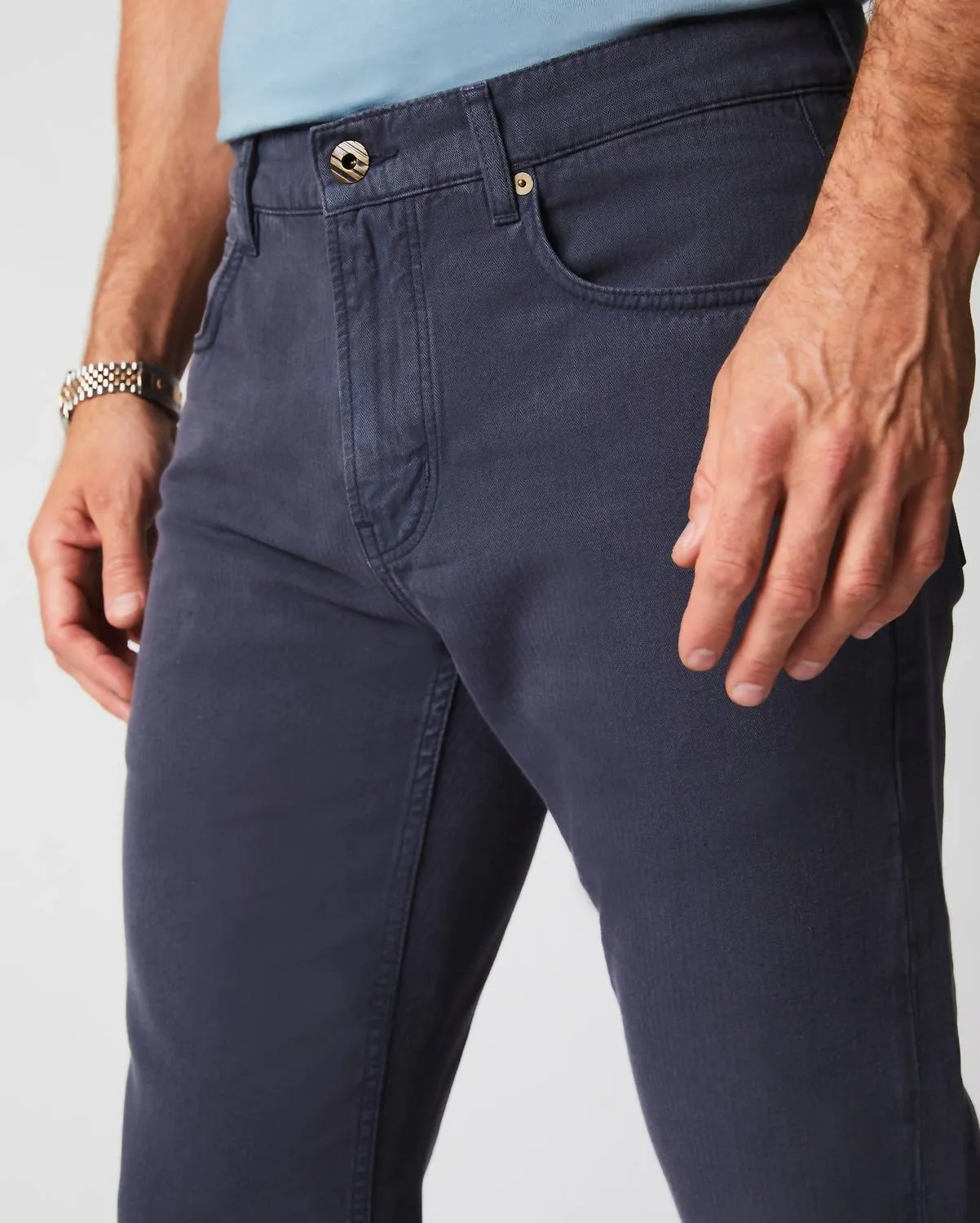 Baumwoll-Leinen 5-Taschen-Hose in Carbon Blau