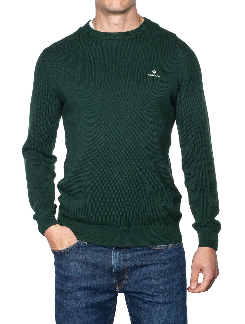 Baumwoll-Piqué-Pullover mit Rundhalsausschnitt in Tartan-Grün