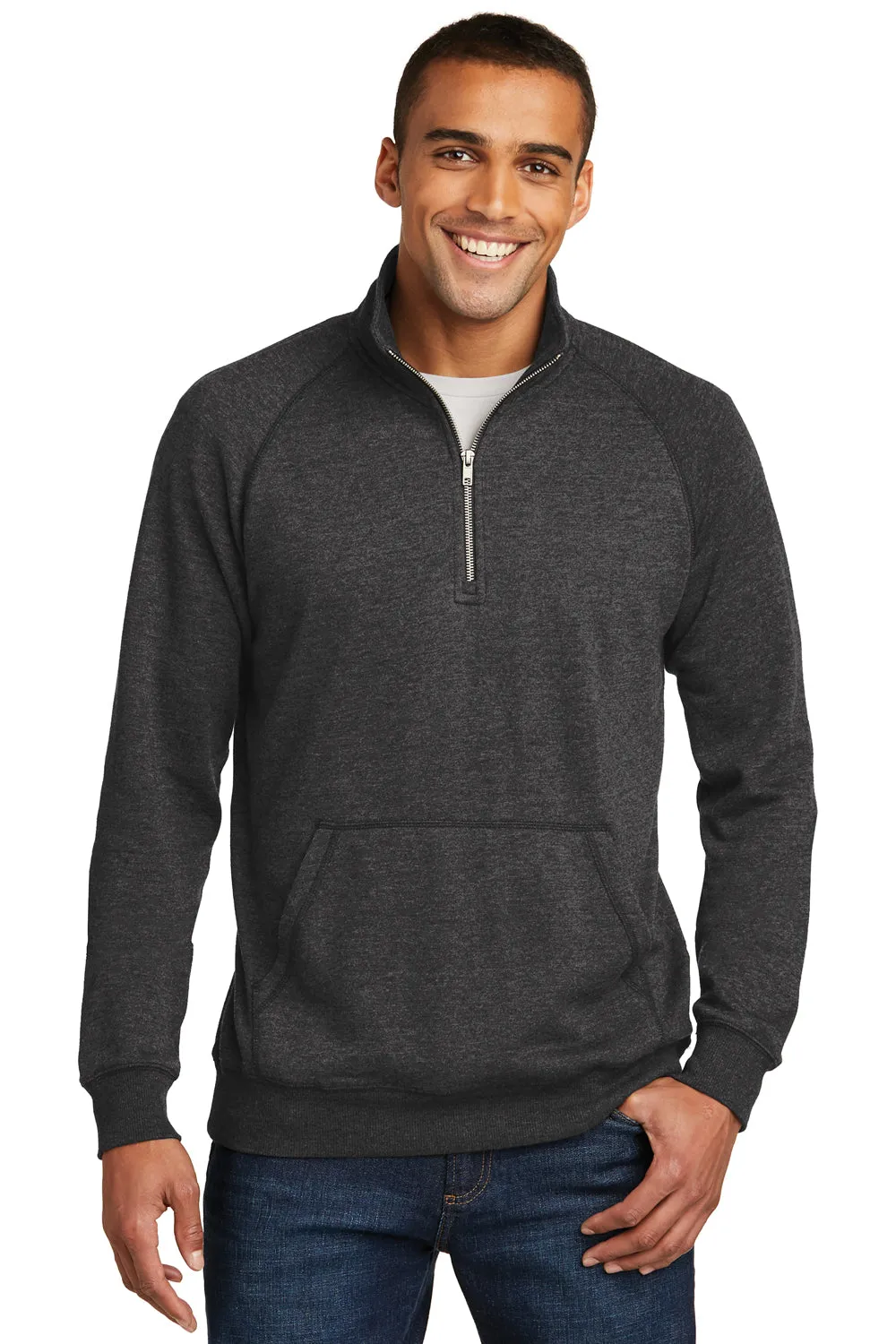 District Herren Fleece 1/4 Zip Sweatshirt mit Beuteltasche - Heather Schwarz