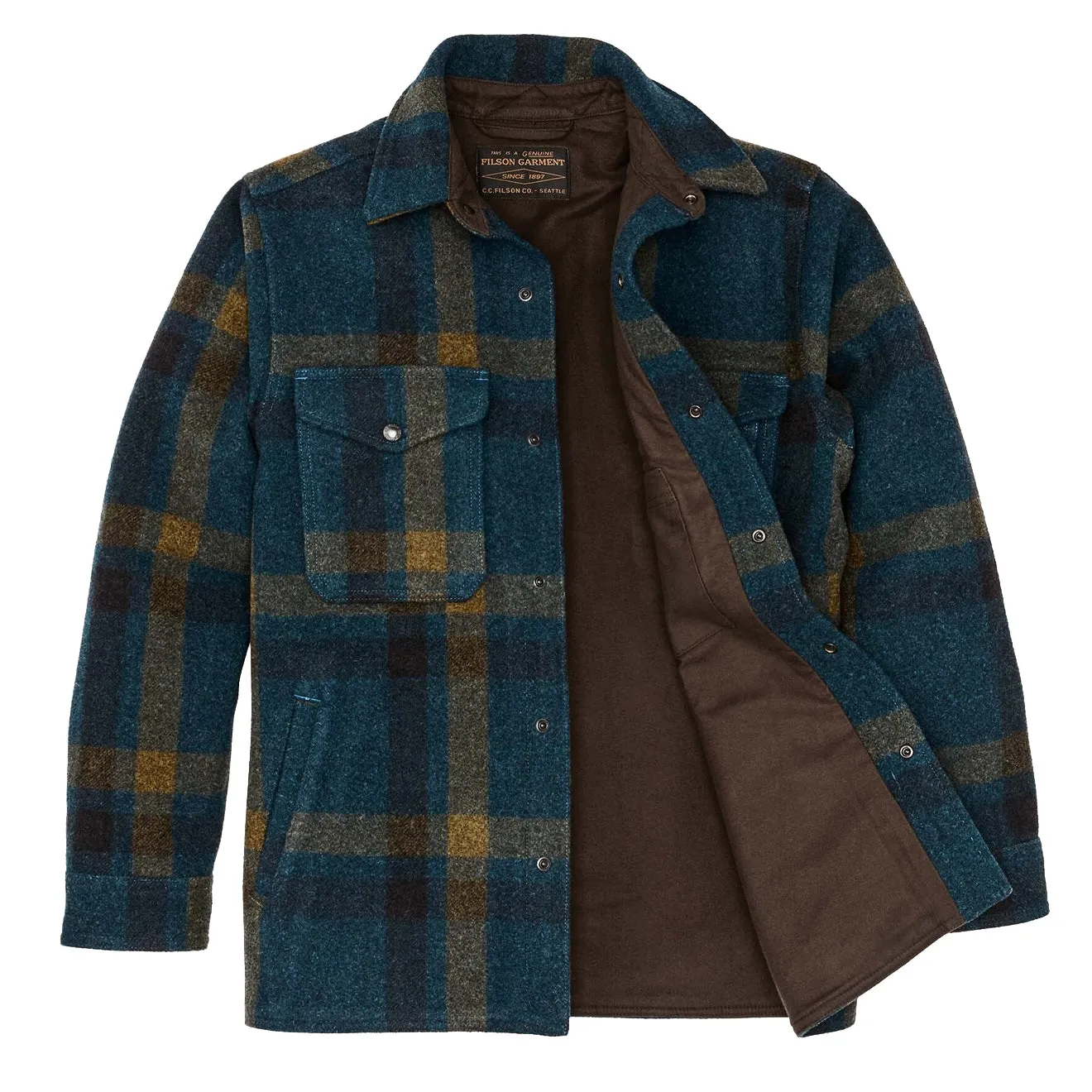 Filson Gefütterte Mackinaw Jac-Shirt in Türkis / Ocker Karo