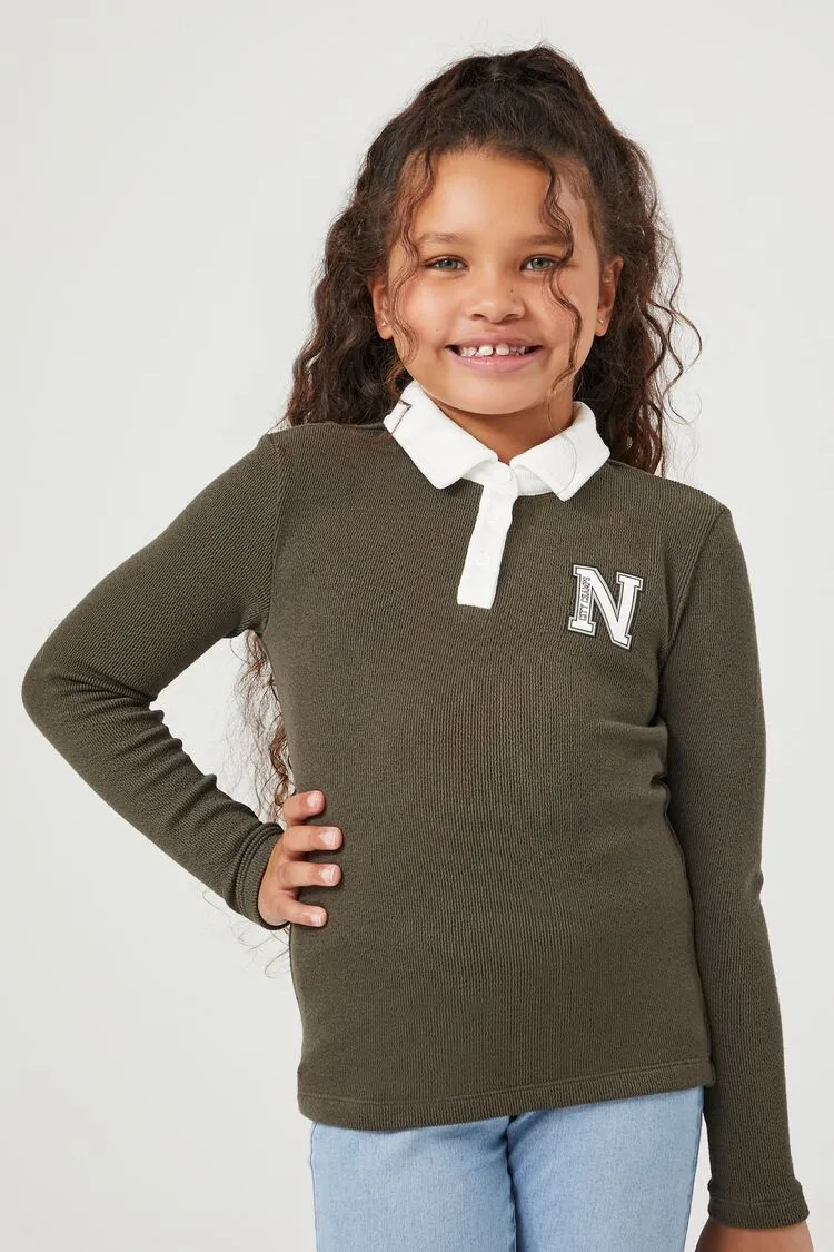Forever 21 Girls N Patch Rugby Shirt (Kinder) Olive/Mehrfarbig Forever 21