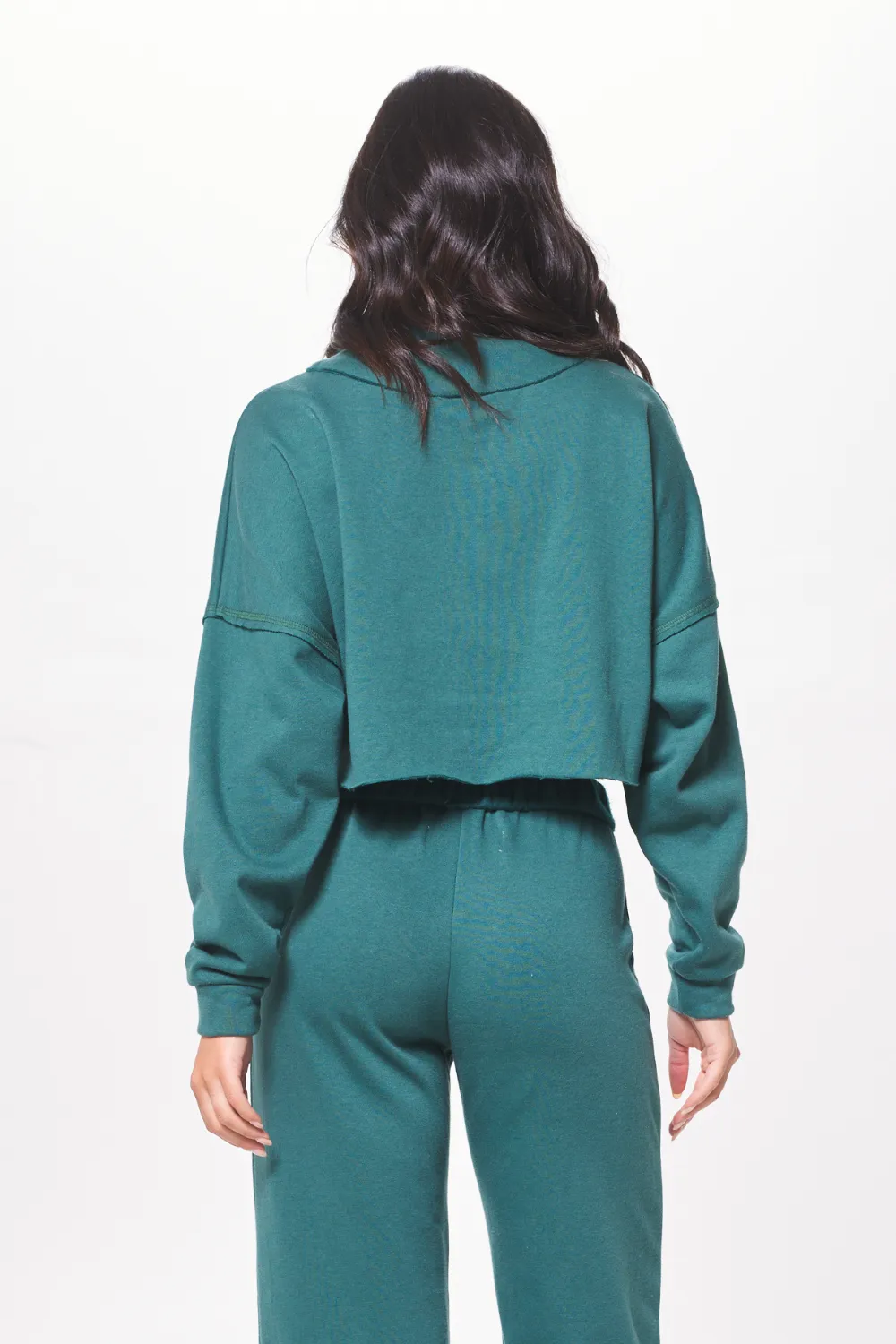Hunter Green Fleece Viertelreißverschluss mit Rohkante