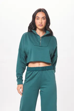 Hunter Green Fleece Viertelreißverschluss mit Rohkante