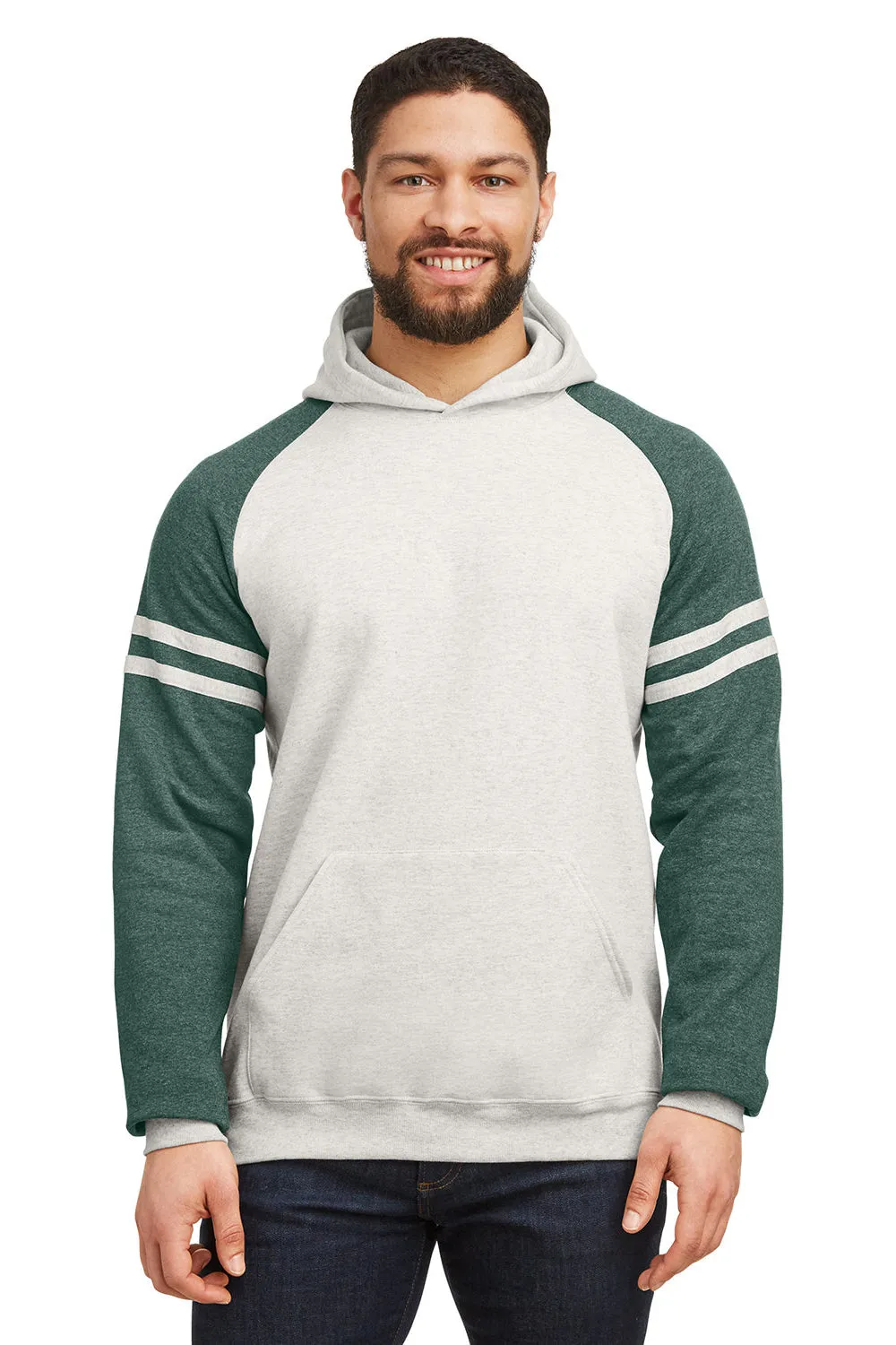 Jerzees Herren NuBlend Fleece Varsity Colorblock Kapuzenpullover mit Kangaroo-Tasche - Heather Oatmeal/Waldgrün