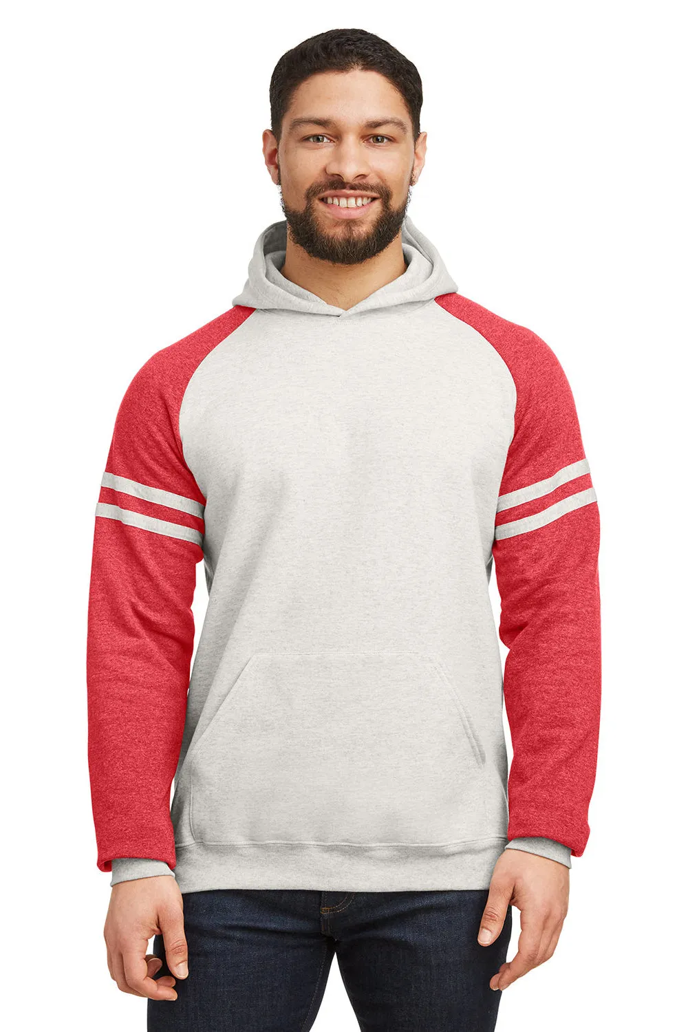 Jerzees Herren NuBlend Fleece Varsity Colorblock Kapuzenpullover Hoodie mit Kangaroo-Tasche - Heather Oatmeal/Rot