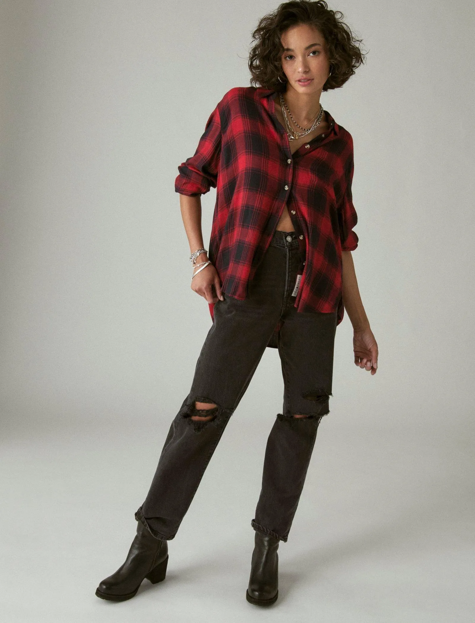 Lucky Brand Cloud Plaid Boyfriend Hemd Rot Schwarz Karo Lucky Brand