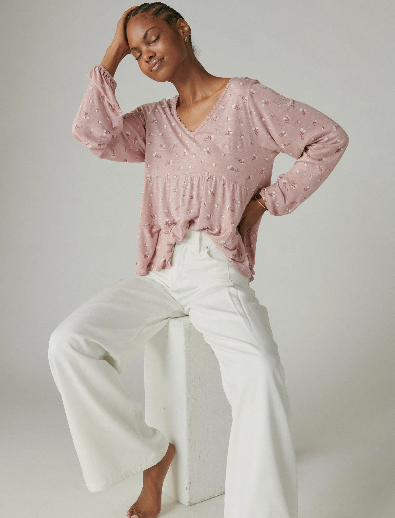 Lucky Brand Gedrucktes Gestuftes Tunika Pink Kombination Lucky Brand