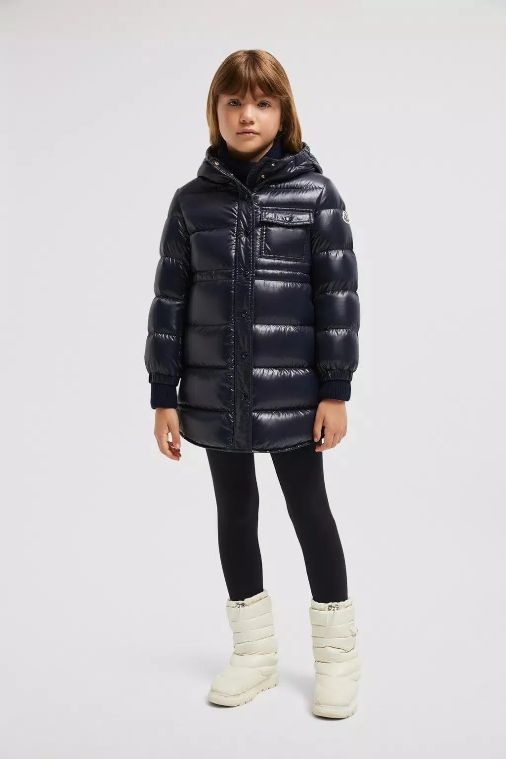Moncler Enfant Mädchen Daunengefütterte Dacca Lange Parka in Marine