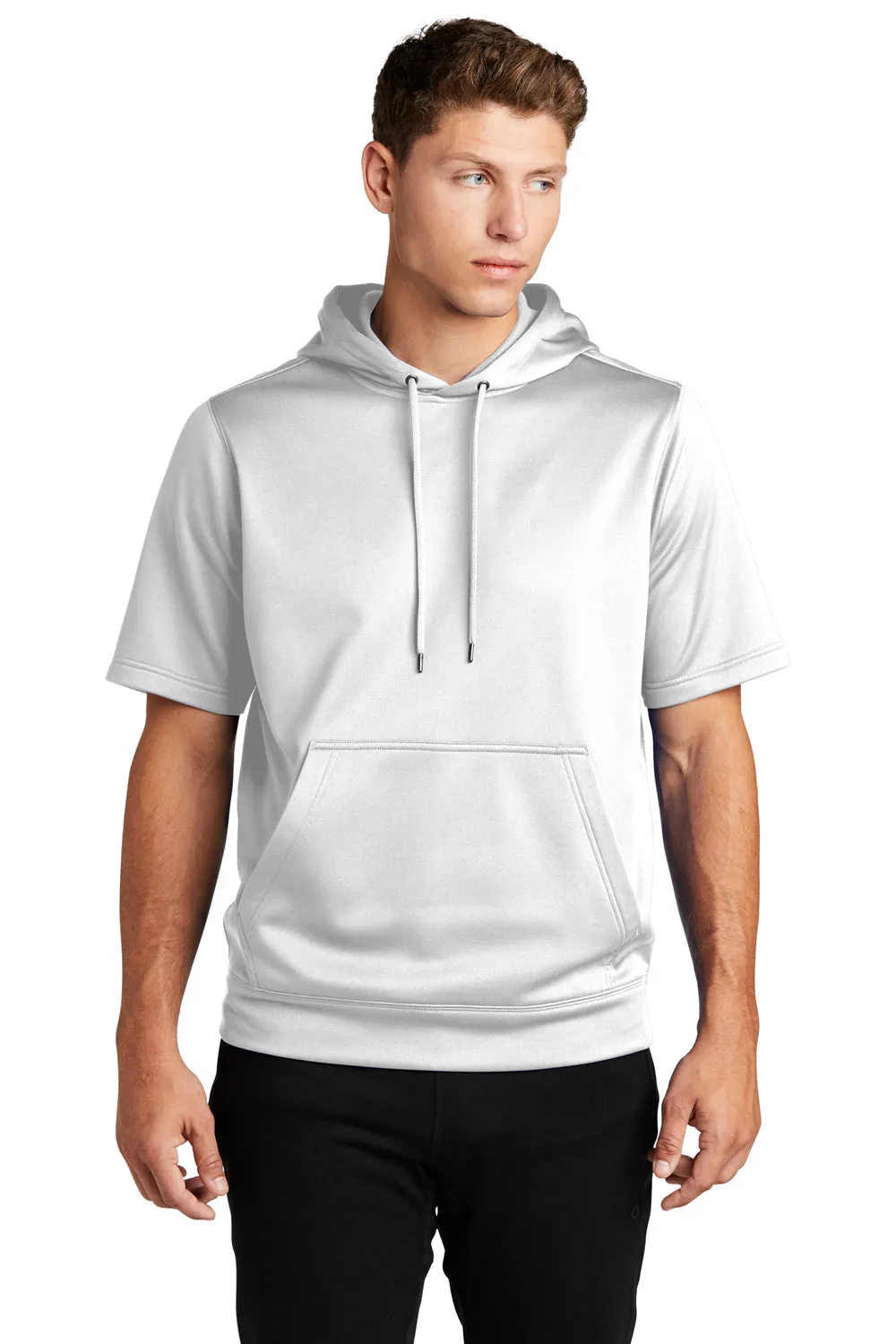 Sport-Tek Herren Fleece Kapuzenpullover mit Feuchtigkeitstransport und Kurzarm - Weiß mit Staufach