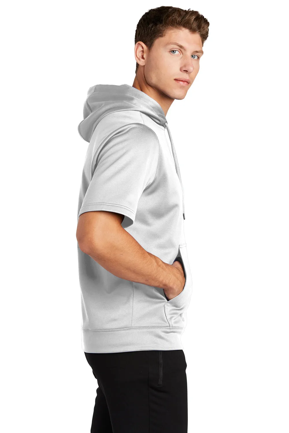 Sport-Tek Herren Fleece Kapuzenpullover mit Feuchtigkeitstransport und Kurzarm - Weiß mit Staufach