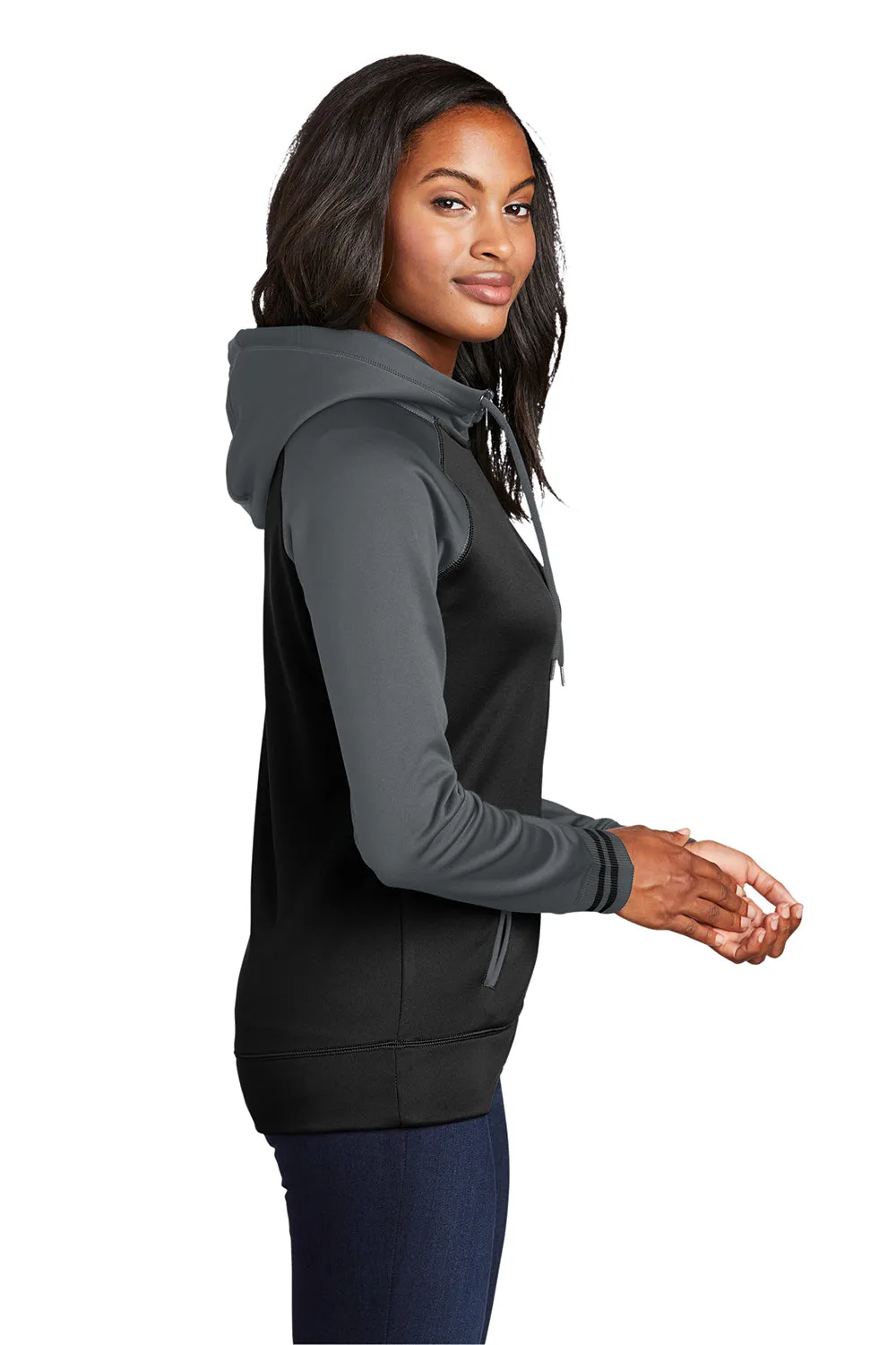 Sport-Tek Damen Sport-Wick Feuchtigkeitstransportierende Fleece Kapuzenpullover Hoodie mit Taschen - Schwarz/Dunkel Rauchgrau