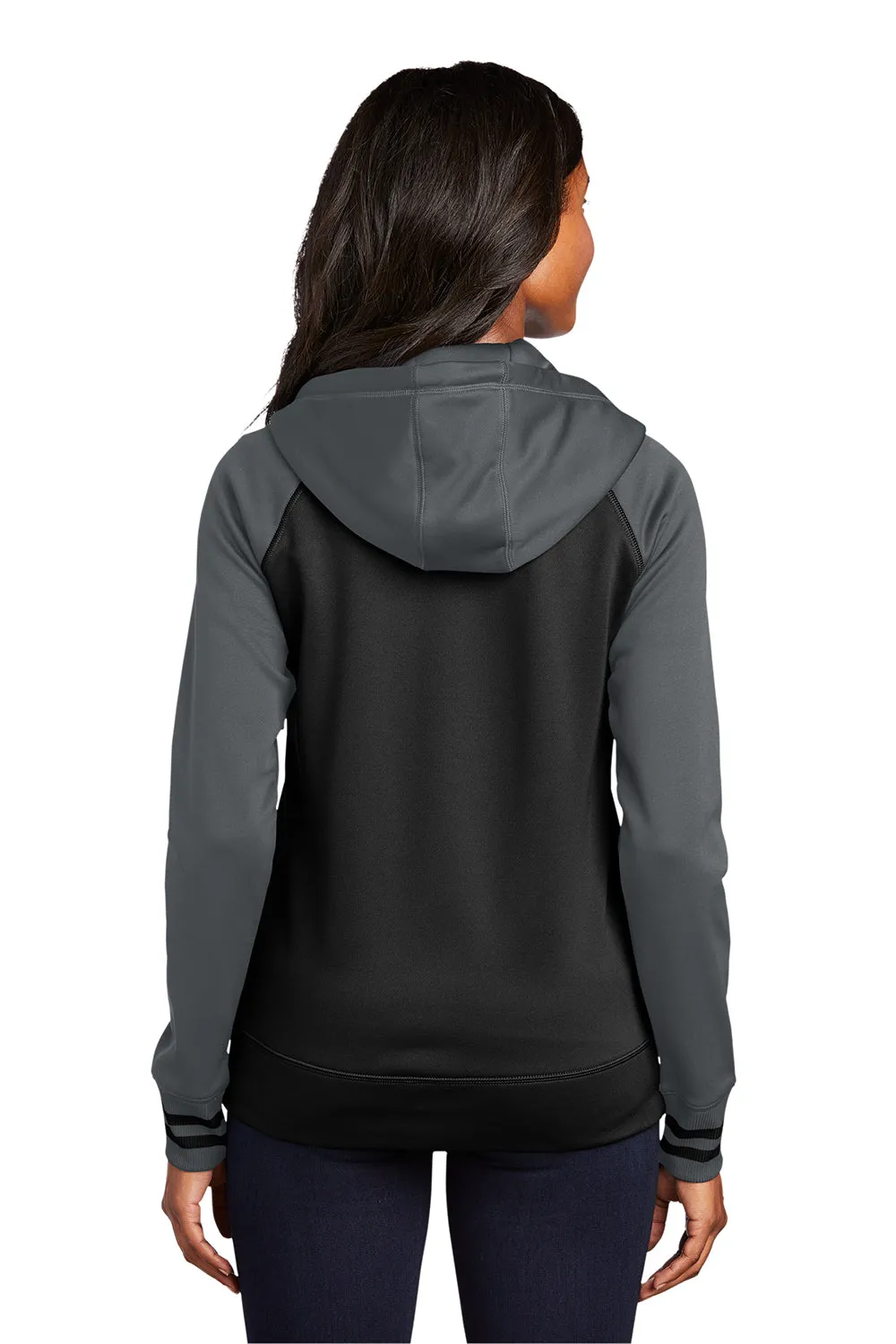 Sport-Tek Damen Sport-Wick Feuchtigkeitstransportierende Fleece Kapuzenpullover Hoodie mit Taschen - Schwarz/Dunkel Rauchgrau