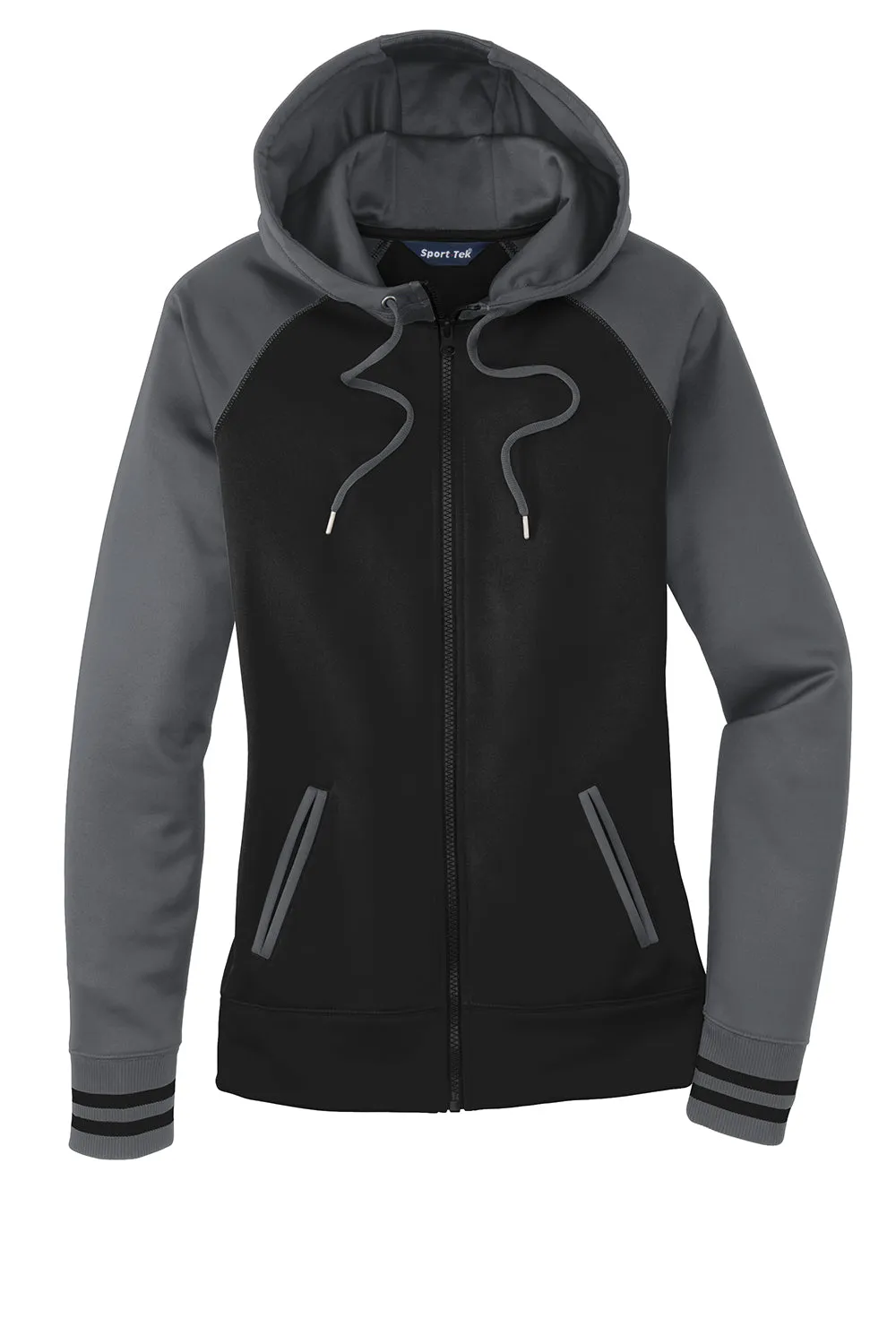 Sport-Tek Damen Sport-Wick Feuchtigkeitstransportierende Fleece Kapuzenpullover Hoodie mit Taschen - Schwarz/Dunkel Rauchgrau