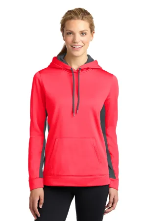 Sport-Tek Damen Sport-Wick Feuchtigkeitstransportierende Fleece Kapuzenpullover Hoodie mit Beuteltasche - Leuchtendes Korallenrosa/Dunkles Rauchgrau - Auslaufmodell