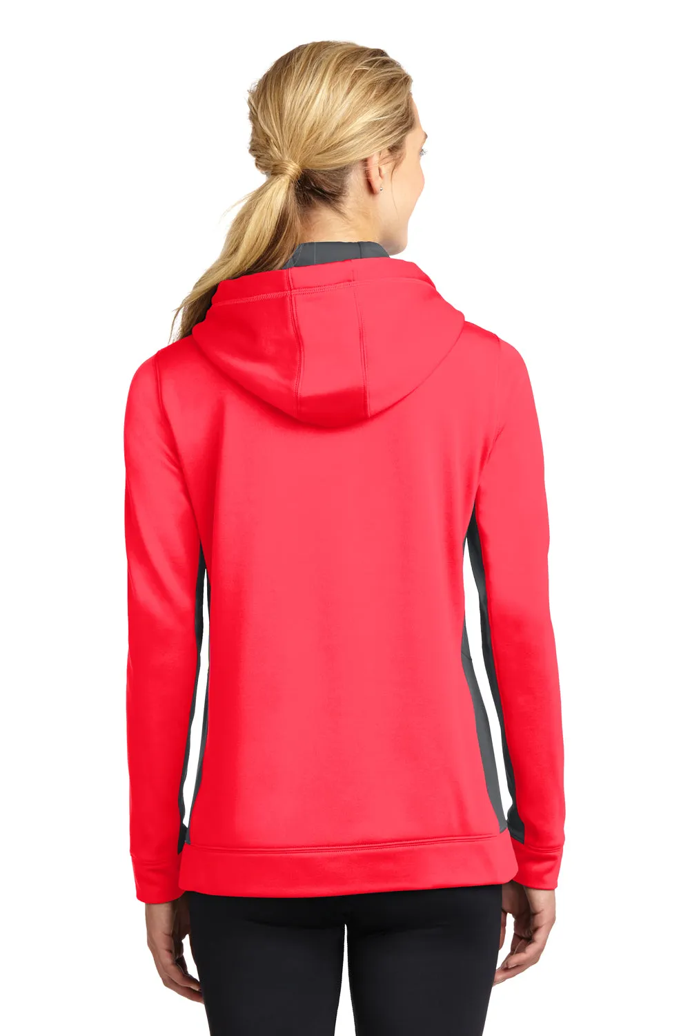 Sport-Tek Damen Sport-Wick Feuchtigkeitstransportierende Fleece Kapuzenpullover Hoodie mit Beuteltasche - Leuchtendes Korallenrosa/Dunkles Rauchgrau - Auslaufmodell