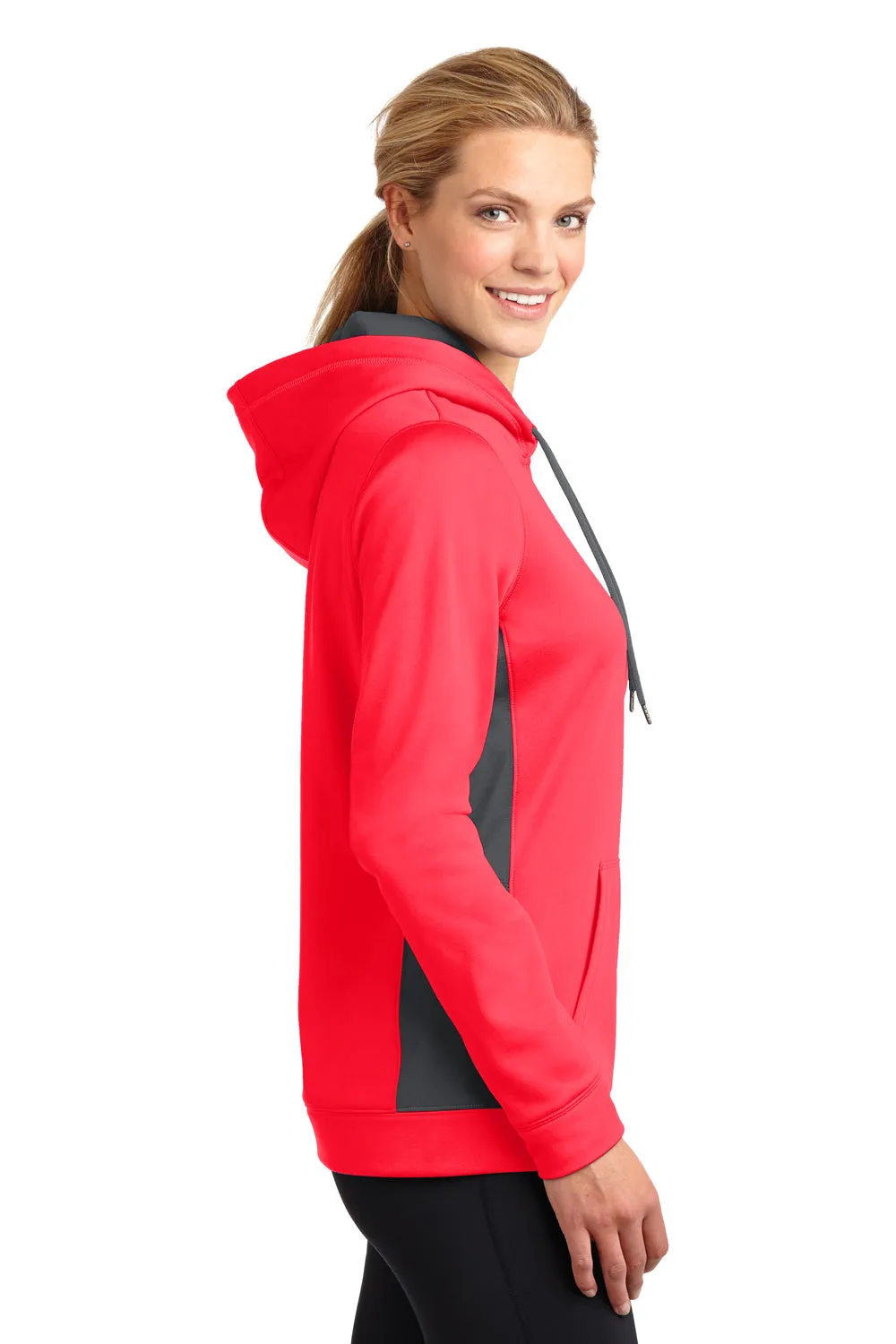 Sport-Tek Damen Sport-Wick Feuchtigkeitstransportierende Fleece Kapuzenpullover Hoodie mit Beuteltasche - Leuchtendes Korallenrosa/Dunkles Rauchgrau - Auslaufmodell