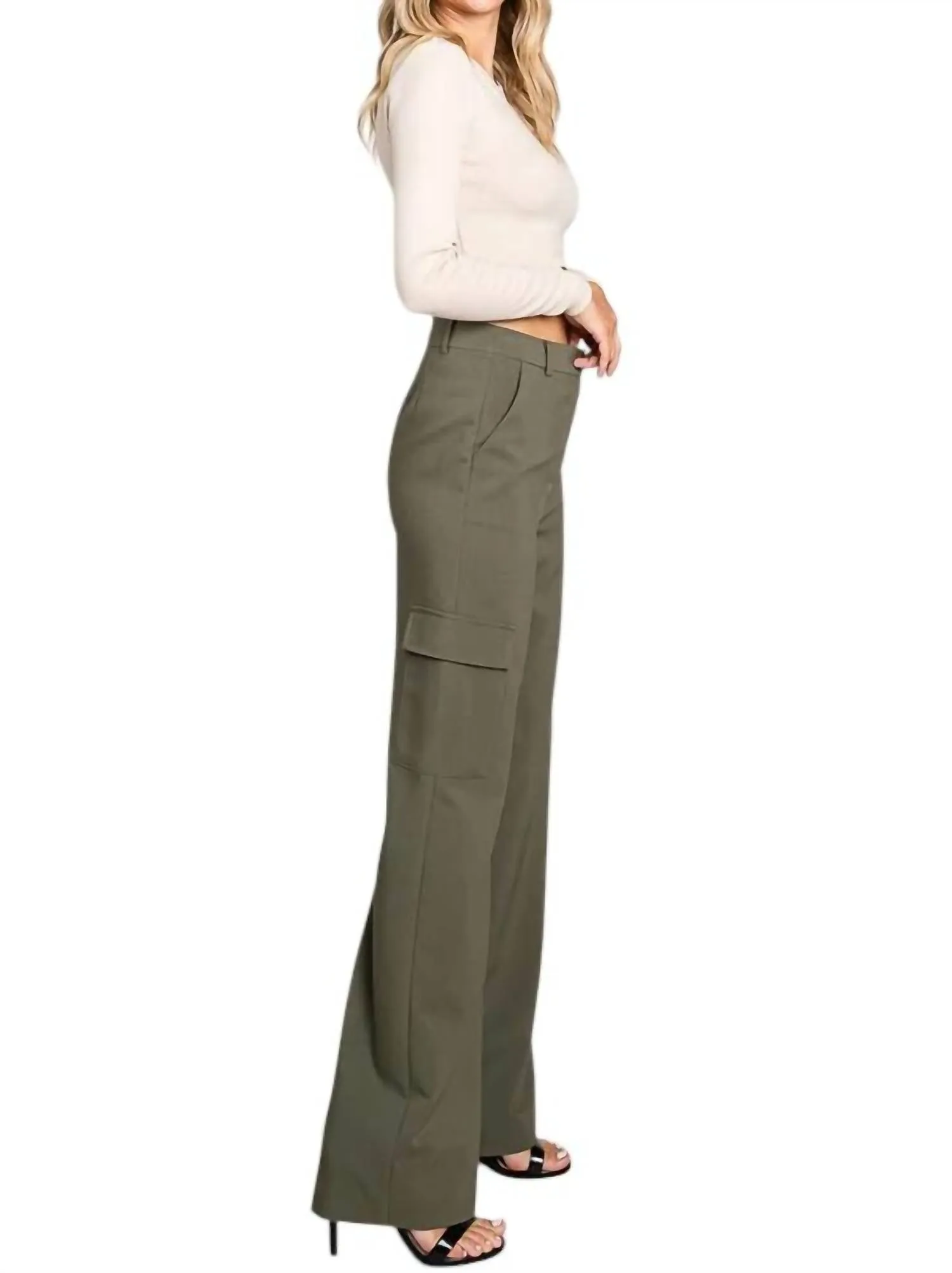 Twill Weite Bein Klappentaschenhose in Olive