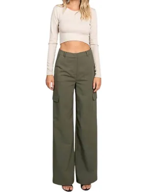 Twill Weite Bein Klappentaschenhose in Olive