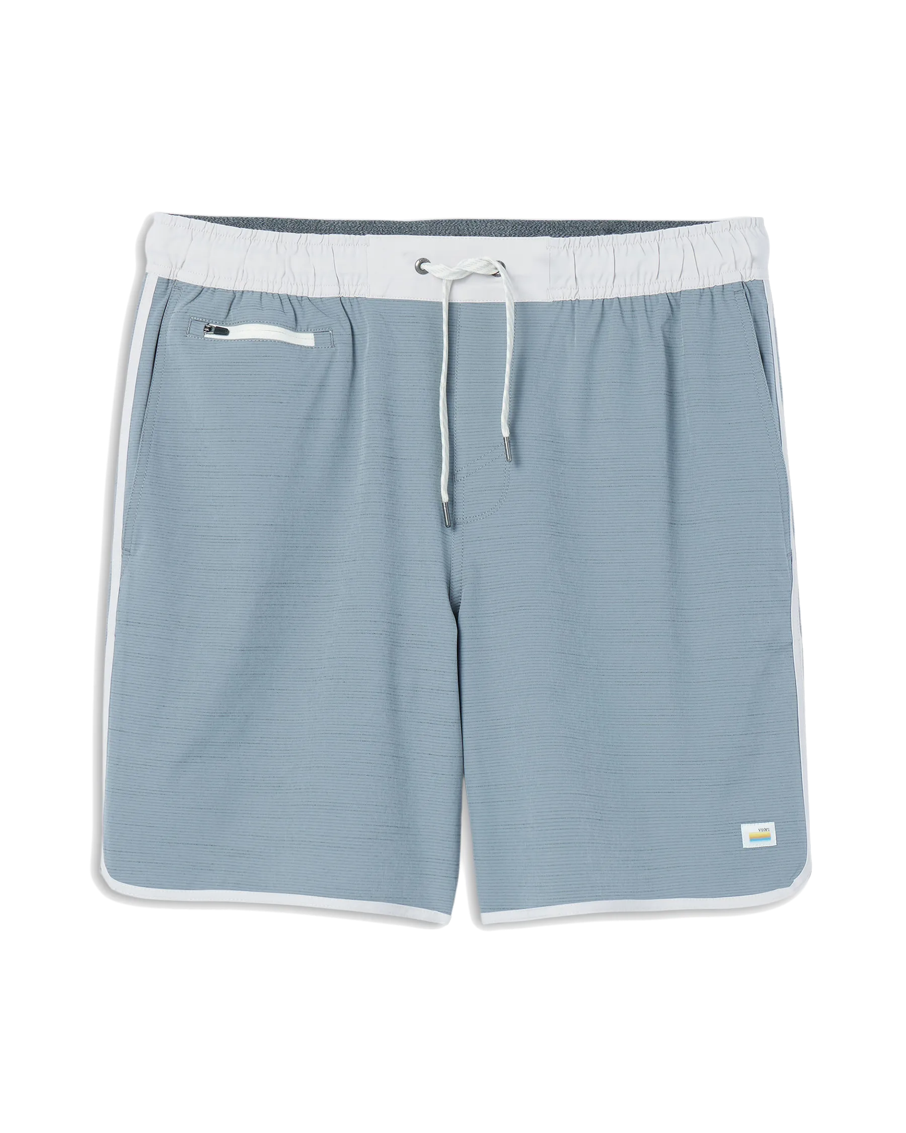 Vuori Clothing Banks Volley Shorts in Staubblauem Slub-Streifen